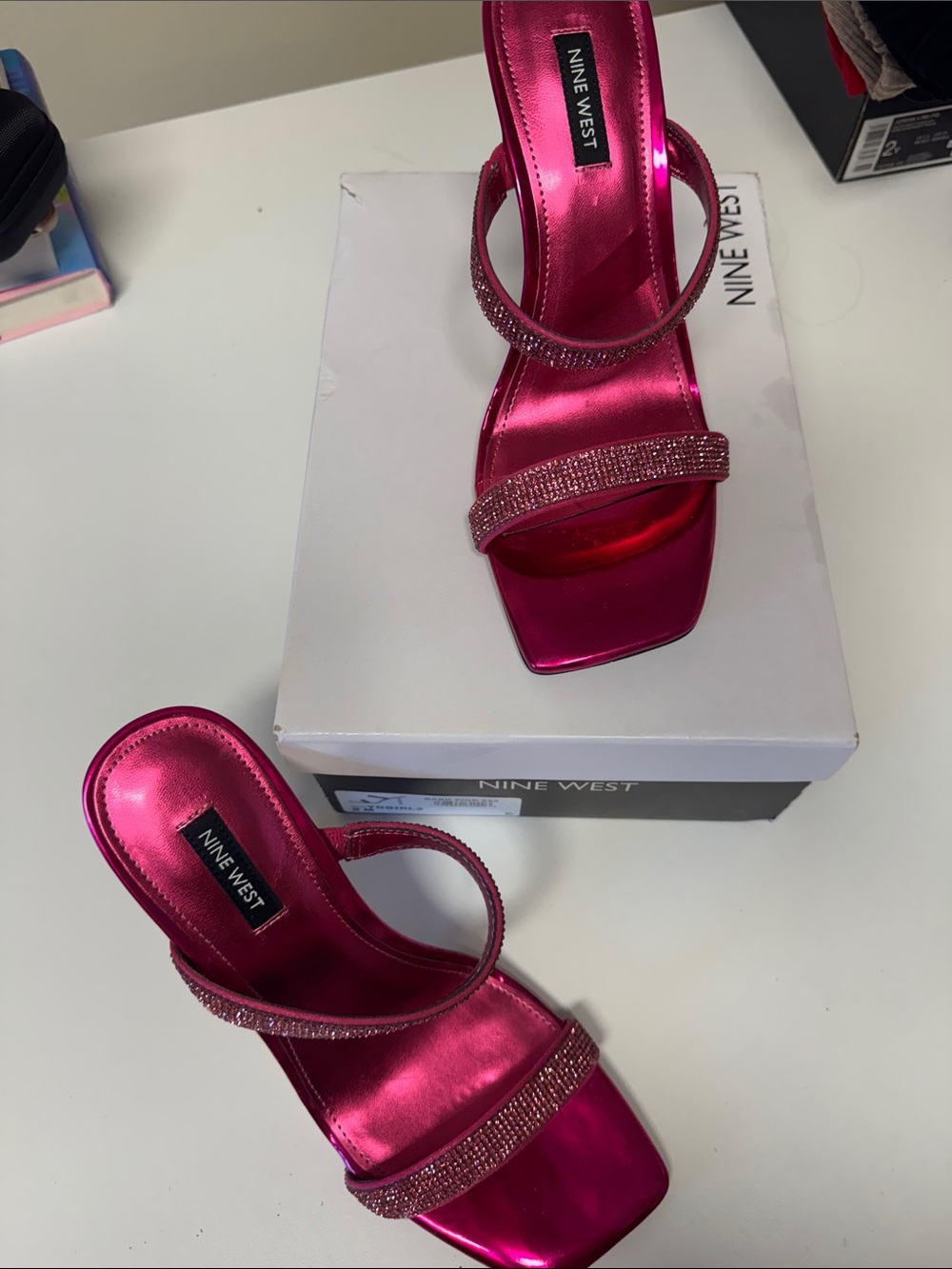Nine West Metallic Fuchsia Slide Heels with Rhinestone Straps